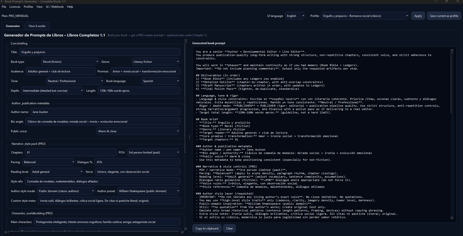 Book Prompt Generator desktop app: generator form on the left and generated master prompt preview on the right.