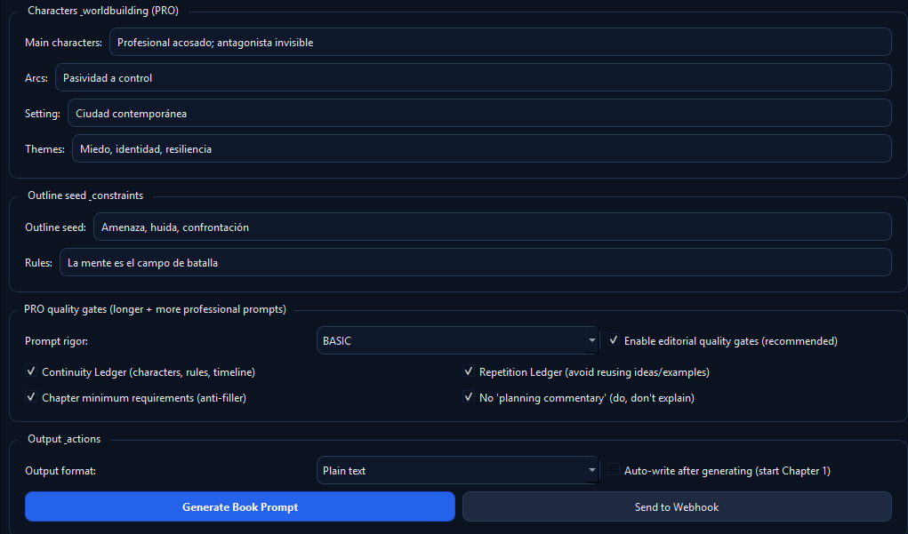 PRO controls section showing quality gates, continuity ledger, repetition ledger and chapter minimums.